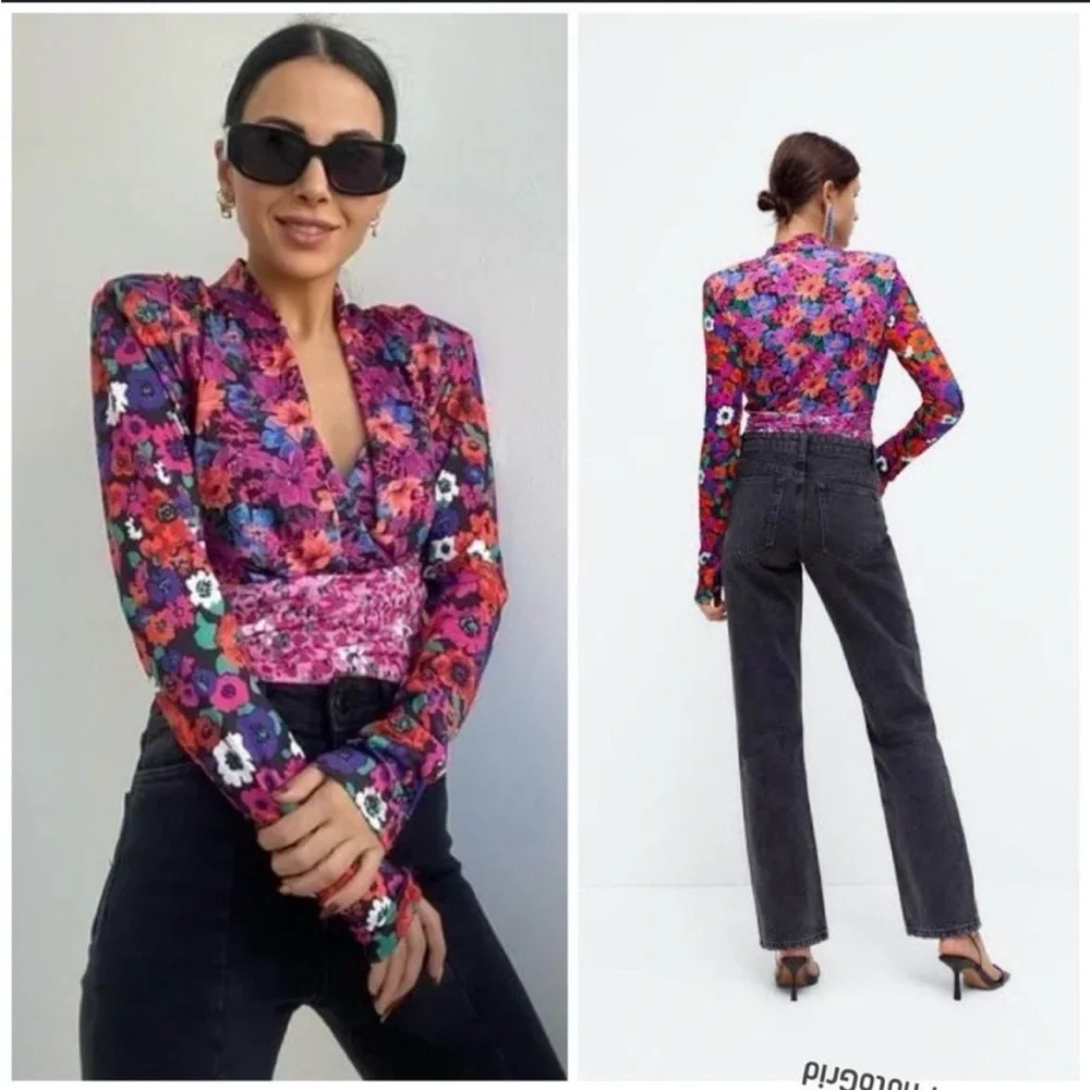 ZARA Floral Wrap Long Sleeve Shoulder Pad Top - Picture 4 of 15